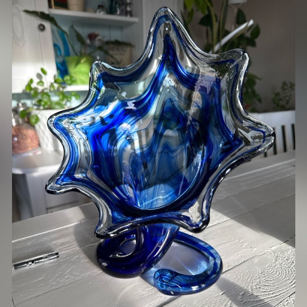 Vintage 60s Chalet Glass Canada Cobalt Blue Art Glass Bowl Freeform Leaf Design